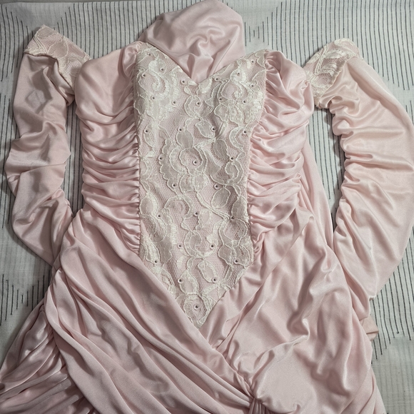 80s Vintage Prom Dress Satin Pink Lace Bodice Sleeveless Ruched Union Made Small - Picture 15 of 16